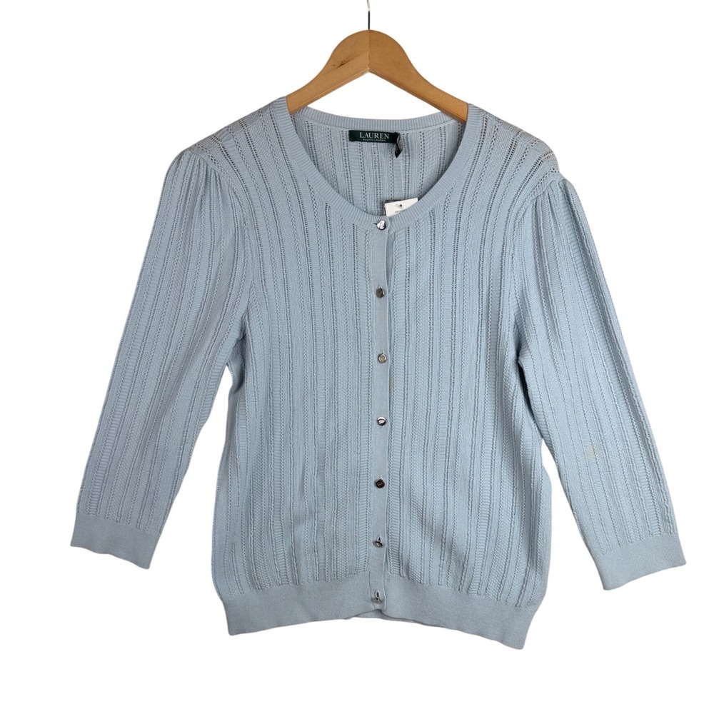 New Lauren Ralph‎ Lauren Cotton Blend Button Cardigan size Large Light Blue
